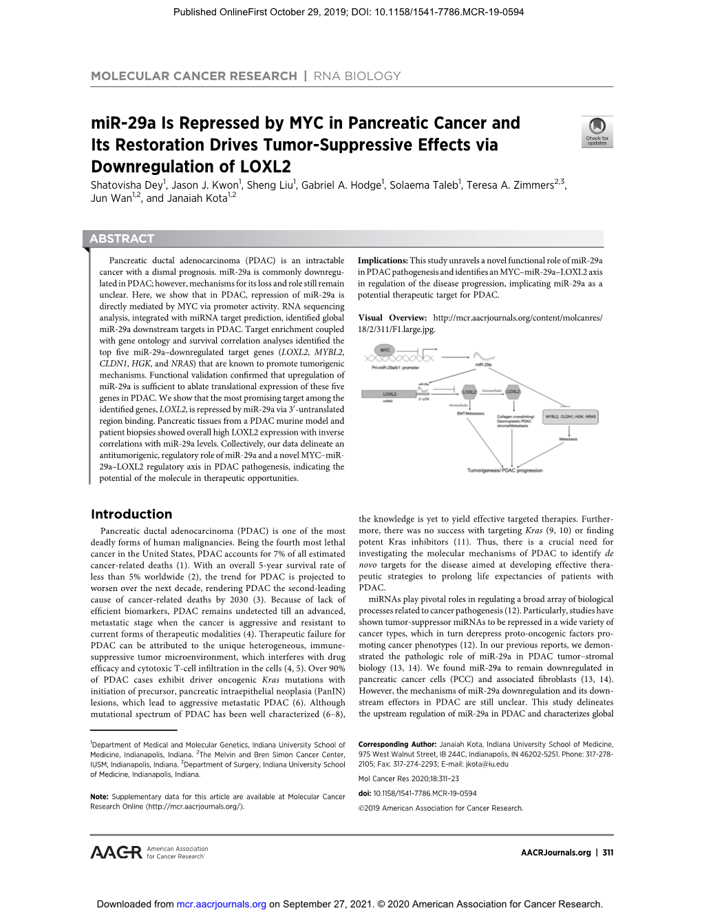 Mir-29A Is Repressed by MYC in Pancreatic Cancer and Its Restoration Drives Tumor-Suppressive Effects Via Downregulation of LOXL2 Shatovisha Dey1, Jason J