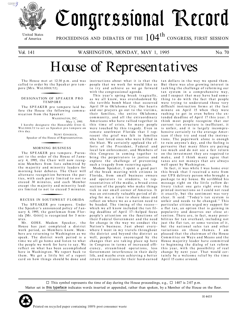 Congressional Record United States Th of America PROCEEDINGS and DEBATES of the 104 CONGRESS, FIRST SESSION