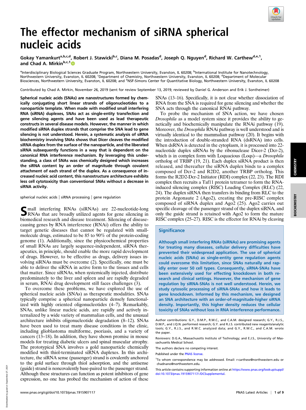 The Effector Mechanism of Sirna Spherical Nucleic Acids