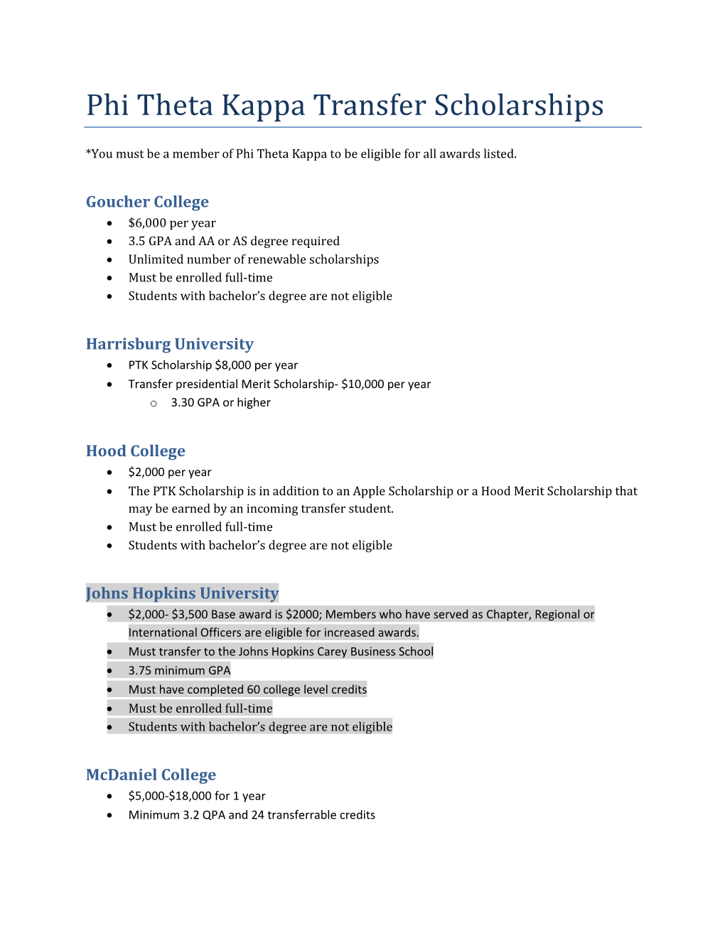 Phi Theta Kappa Transfer Scholarships