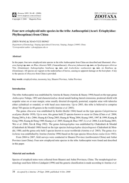 Zootaxa, Four New Eriophyoid Mite Species in the Tribe Anthocoptini