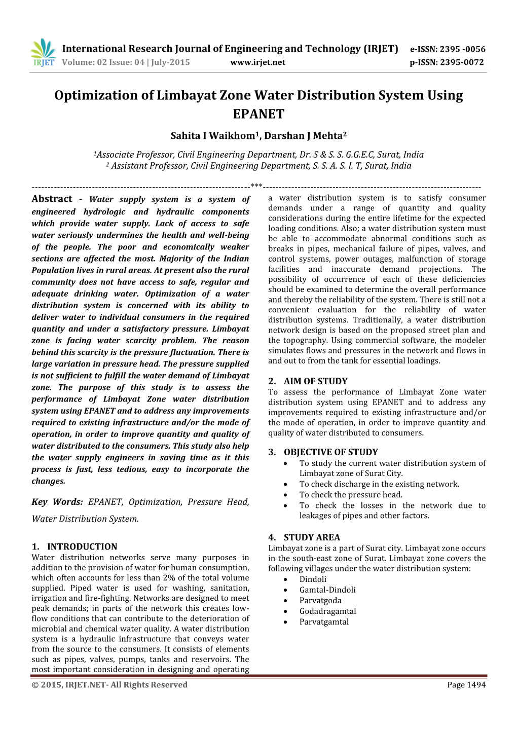 Optimization of Limbayat Zone Water Distribution System Using EPANET ...