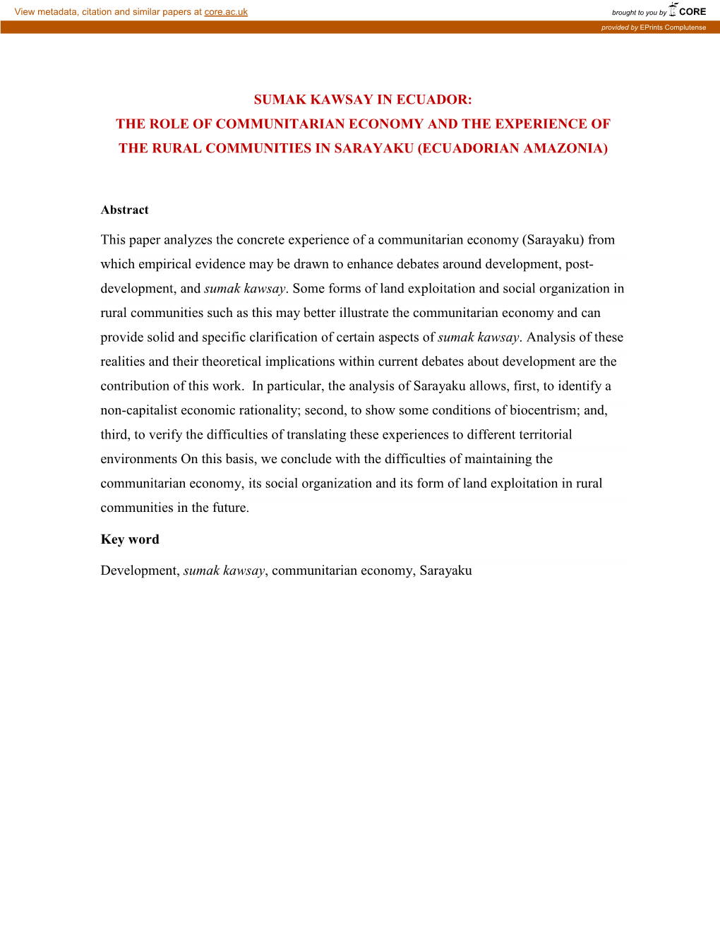 Sumak Kawsay in Ecuador: the Role of Communitarian Economy and the Experience of the Rural Communities in Sarayaku (Ecuadorian Amazonia)