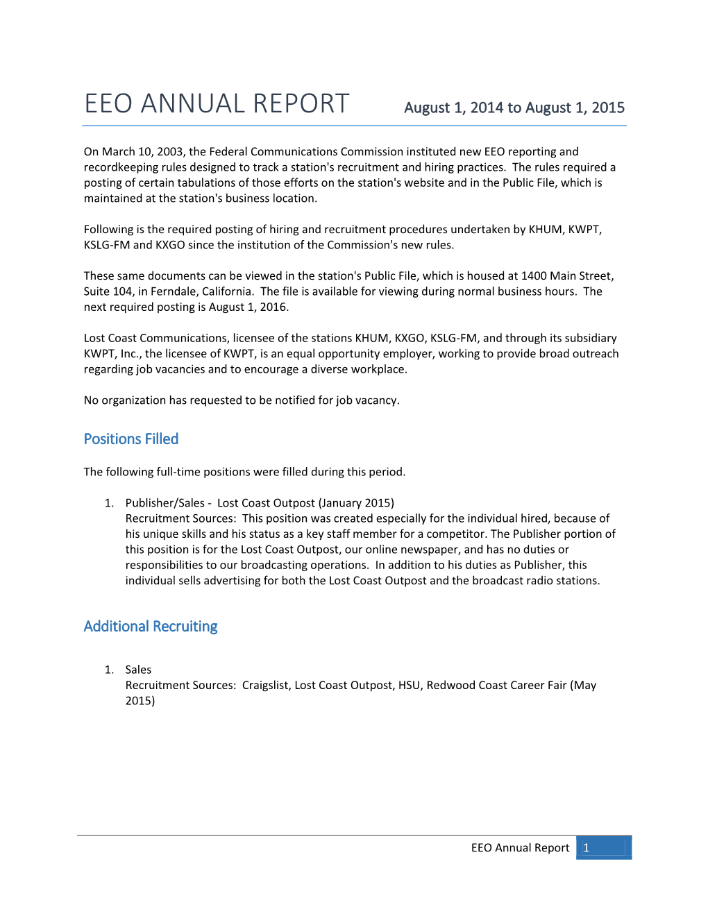 EEO ANNUAL REPORT August 1, 2014 to August 1, 2015
