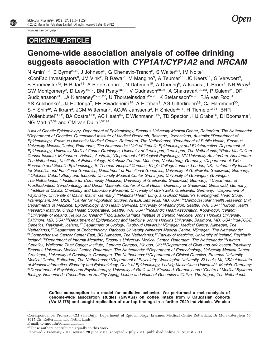 Genome-Wide Association Analysis of Coffee Drinking Suggests