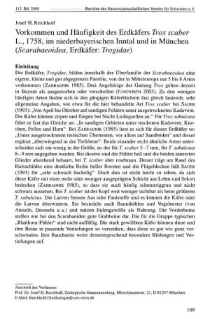 Vorkommen Und Häufigkeit Des Erdkäfers Trox Scaber L., 1758, Im Niederbayerischen Inntal Und in München