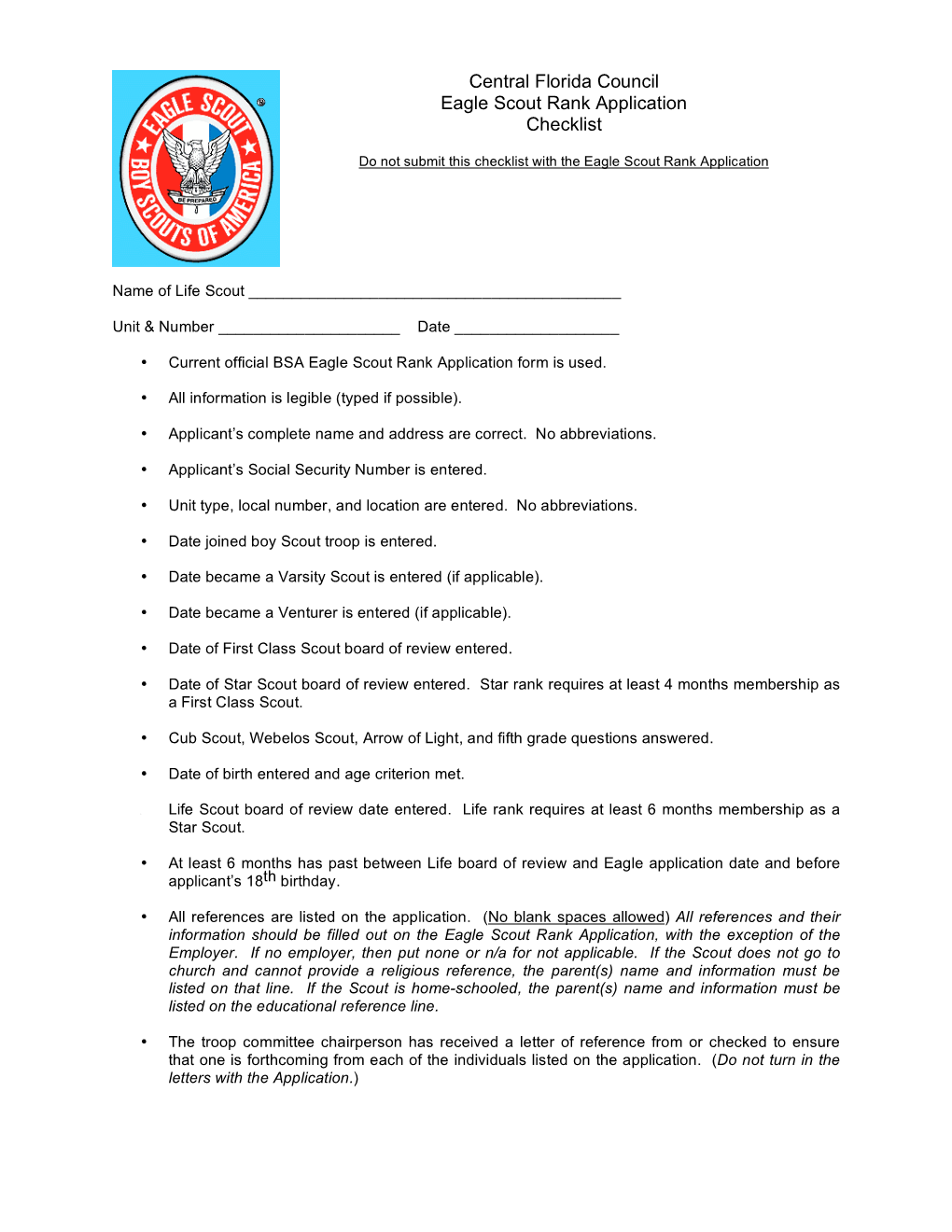 Central Florida Council Eagle Scout Rank Application Checklist DocsLib