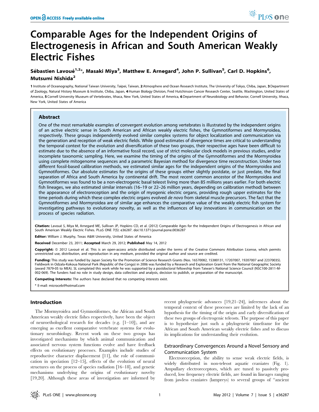 Comparable Ages for the Independent Origins of Electrogenesis in African and South American Weakly Electric Fishes