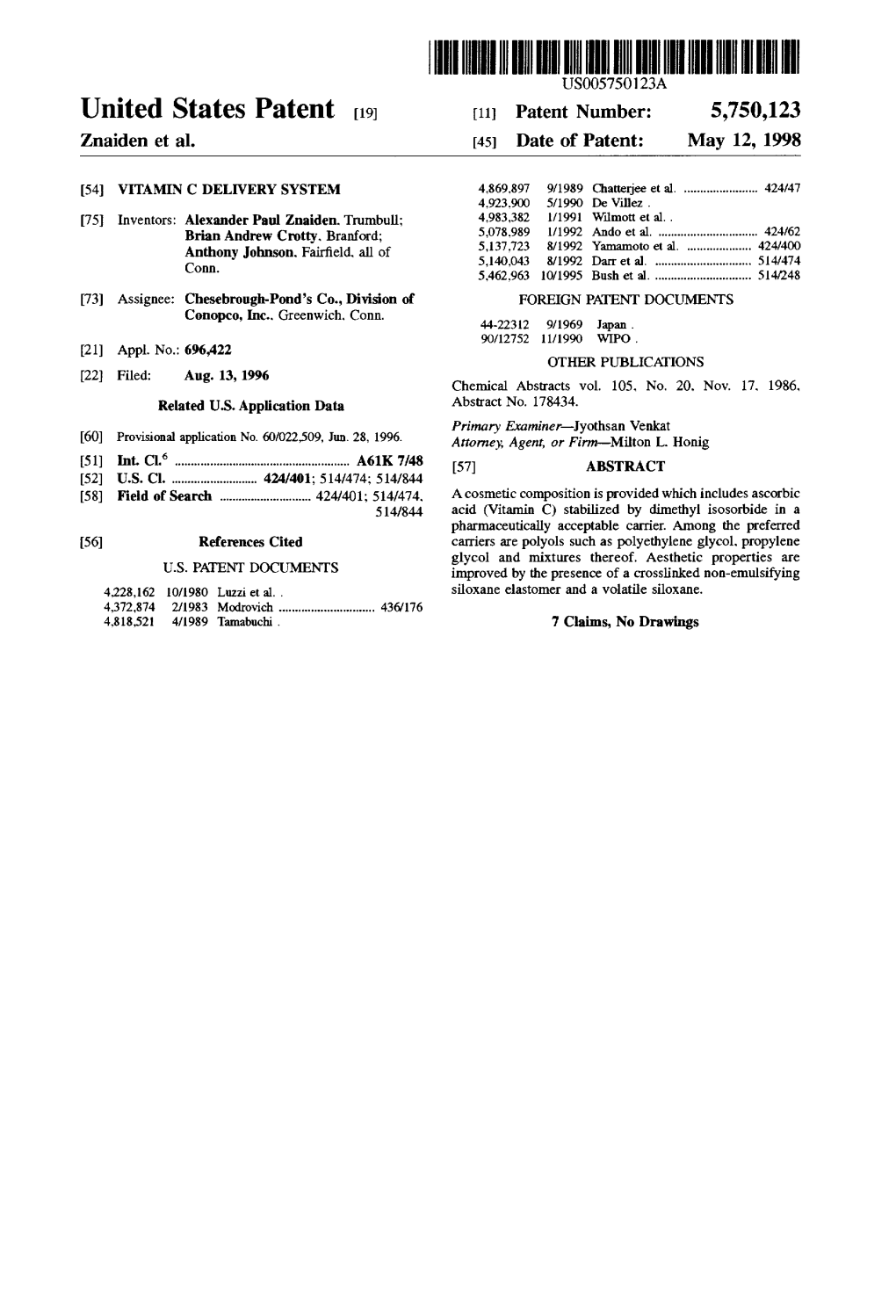 |||||III USOO575O123A United States Patent (19) 11 Patent Number: 5,750,123 Znaiden Et Al