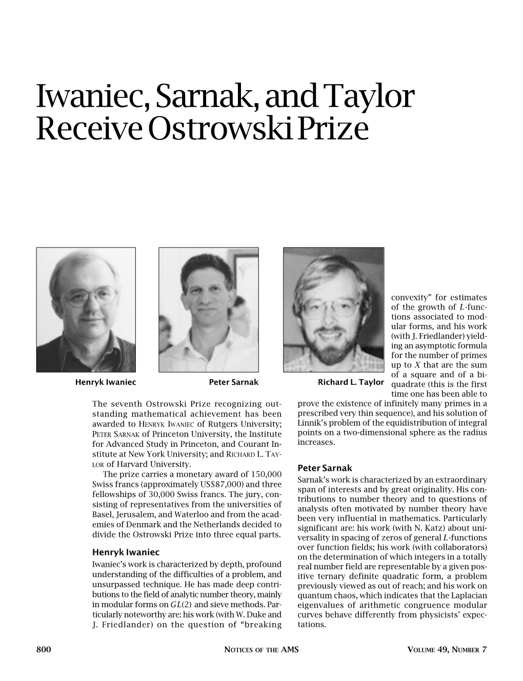 Iwaniec, Sarnak, and Taylor Receive Ostrowski Prize, Volume 49