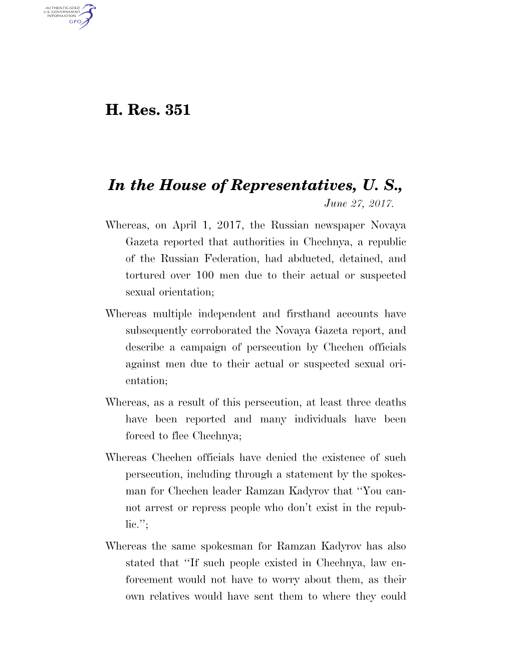 H. Res. 351 in the House of Representatives, U