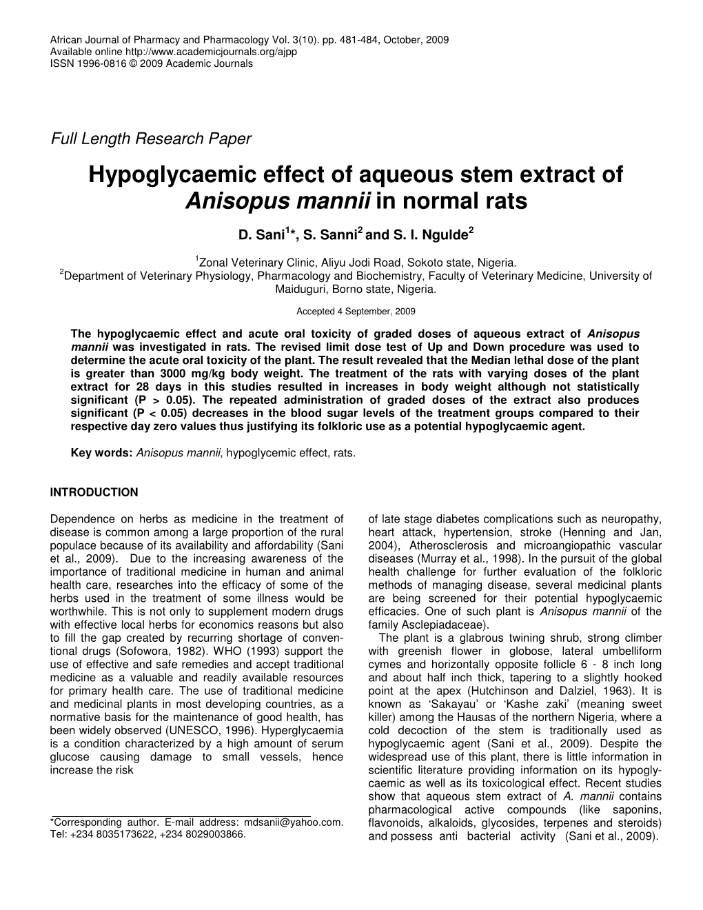 Hypoglycaemic Effect of Aqueous Stem Extract of Anisopus Mannii in Normal Rats