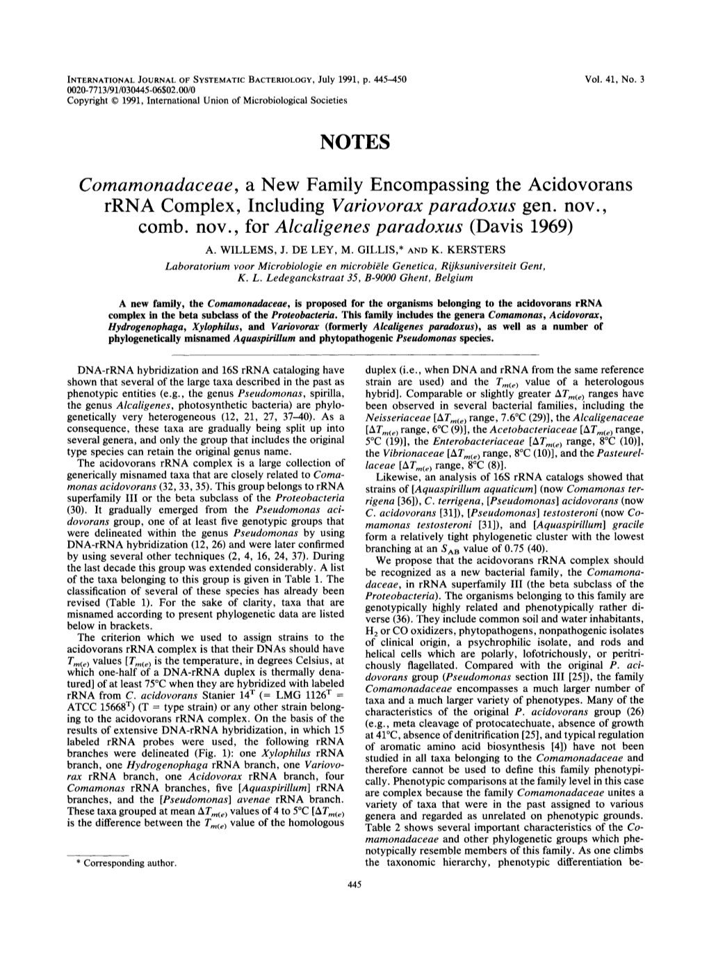 Comamonadaceae, a New Family Encompassing the Acidovorans Rrna Complex, Including Variovorax Paradoxus Gen