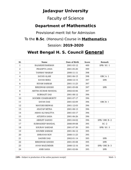 Jadavpur University Faculty of Science Department of Mathematics Provisional Merit List for Admission to the B.Sc