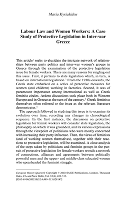 Labour Law and Women Workers: a Case Study of Protective Legislation in Inter-War Greece