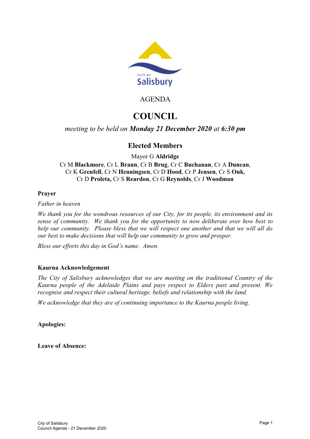 COUNCIL Meeting to Be Held on Monday 21 December 2020 at 6:30 Pm