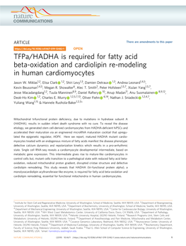 Tfpa/HADHA Is Required for Fatty Acid Beta-Oxidation and Cardiolipin Re-Modeling in Human Cardiomyocytes