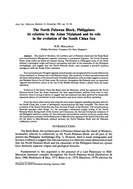 The North Palawan Block, Philippines: Its Relation to the Asian Mainland and Its Role in the Evolution of the South China Sea