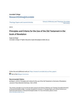 Principles and Criteria for the Use of the Old Testament in the Book of Revelation