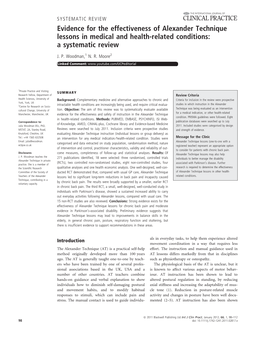 Evidence for the Effectiveness of Alexander Technique Lessons in Medical and Health-Related Conditions: a Systematic Review