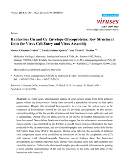 Hantavirus Gn and Gc Envelope Glycoproteins: Key Structural Units for Virus Cell Entry and Virus Assembly