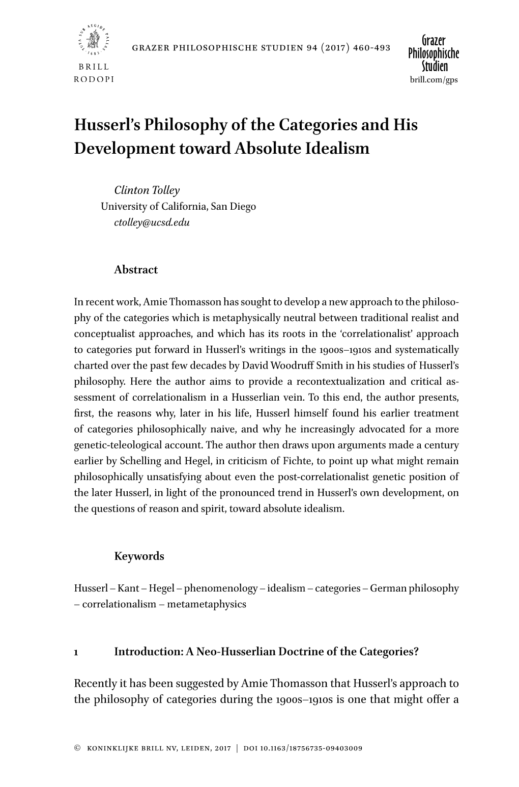 Husserl's Philosophy of the Categories and His Development