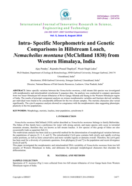 Intra- Specific Morphometric and Genetic Comparisons in Hillstream Loach, Nemacheilus Montana (Mcclelland 1838) from Western Himalaya, India