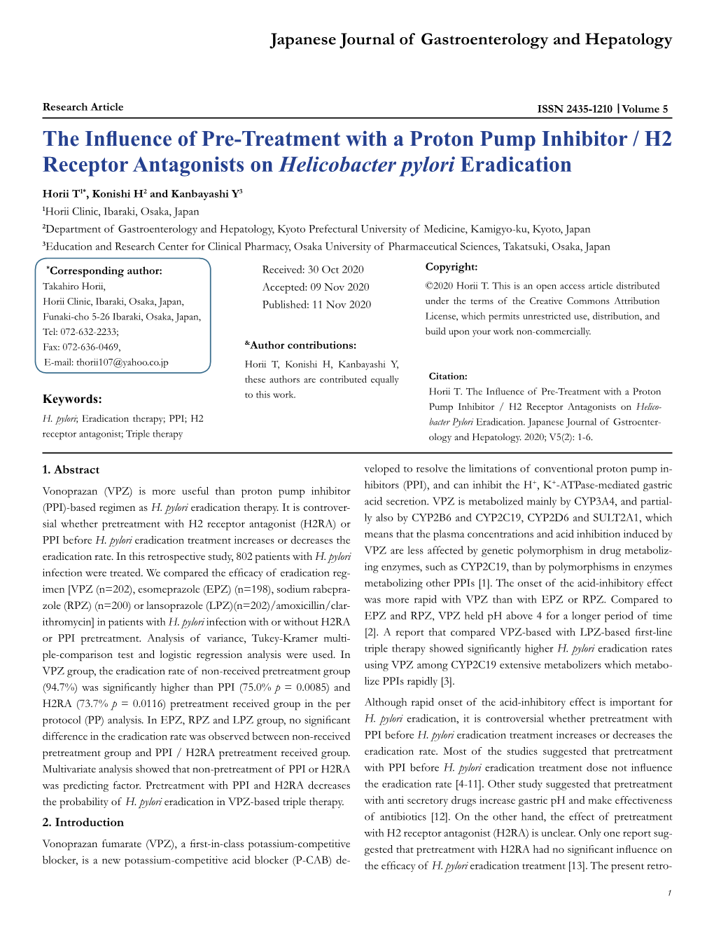 The Influence of Pre-Treatment with a Proton Pump Inhibitor / H2 Receptor Antagonists on Helicobacter Pylori Eradication