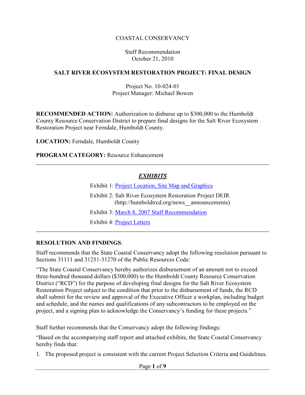 Of 9 COASTAL CONSERVANCY Staff Recommendation October 21, 2010 SALT RIVER