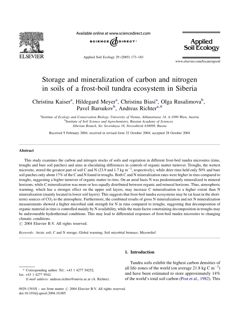 Storage and Mineralization of Carbon and Nitrogen in Soils of a Frost-Boil Tundra Ecosystem in Siberia