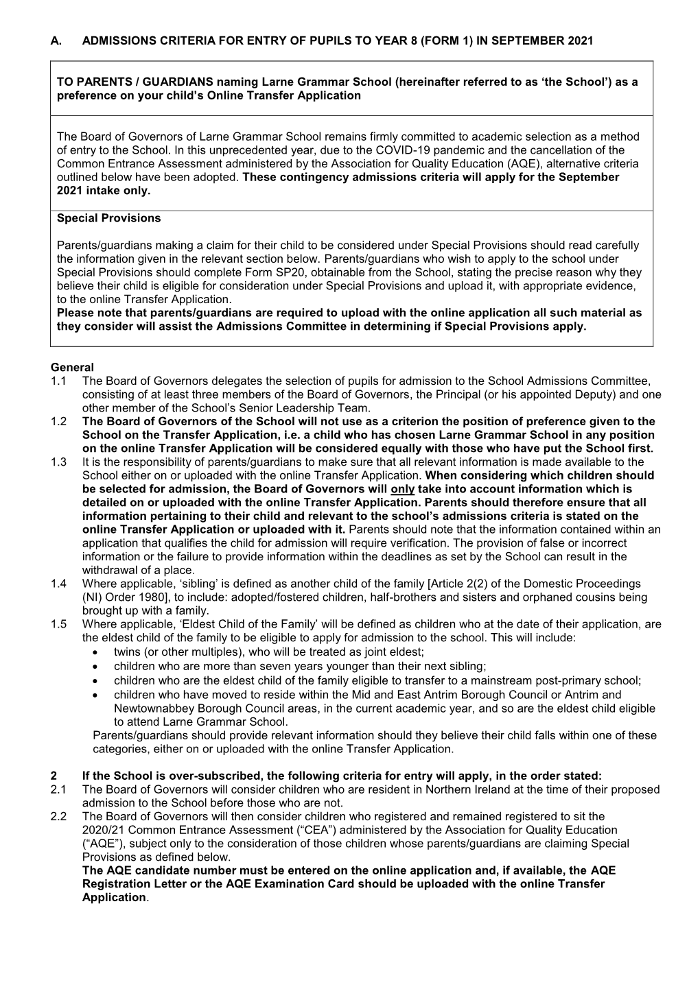 A Admissions Criteria For Entry Of Pupils To Year 8 Form 1 In