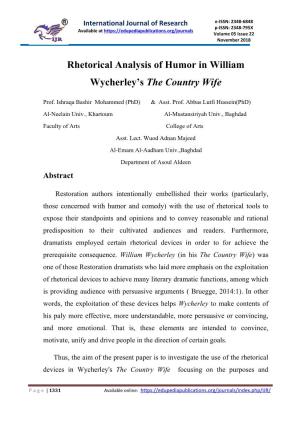 Rhetorical Analysis of Humor in William Wycherley's the Country Wife