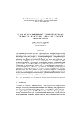 Sv and Vs Total Interrogatives in Ibero-Romance: the Role of Phonetically Unrealised Elements in Agrammatism