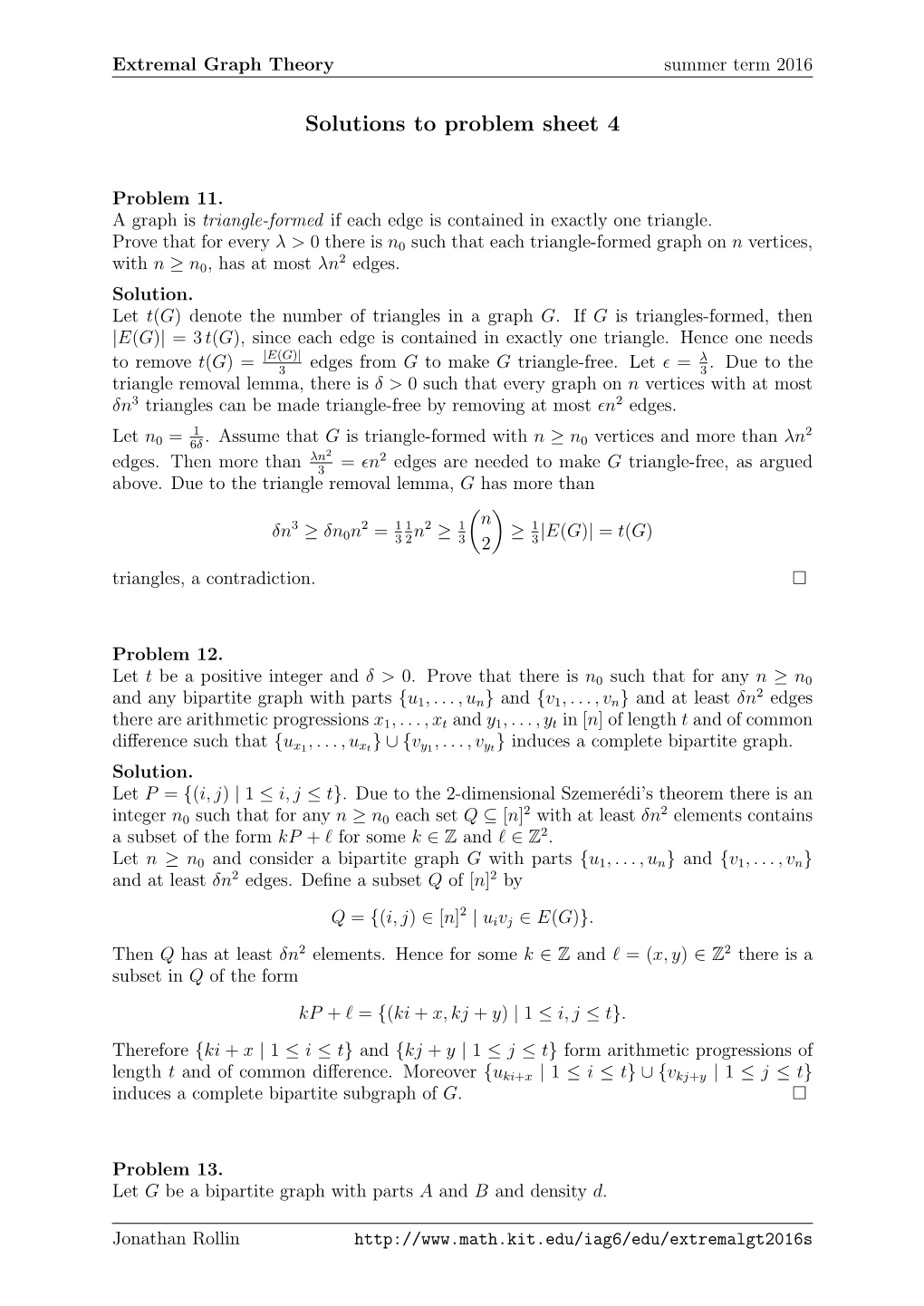 Solutions to Problem Sheet 4