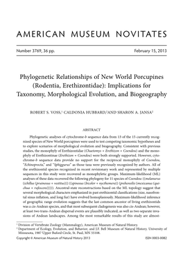 Phylogenetic Relationships of New World Porcupines (Rodentia, Erethizontidae): Implications for Taxonomy, Morphological Evolution, and Biogeography