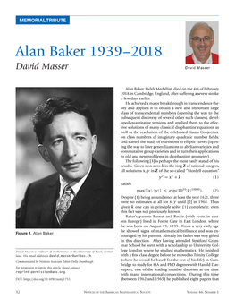Alan Baker 1939–2018 David Masser