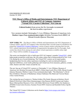 NYC Mayor's Office of Media and Entertainment, NYC Department of Cultural Affairs and NYC & Company Announce "Virtual