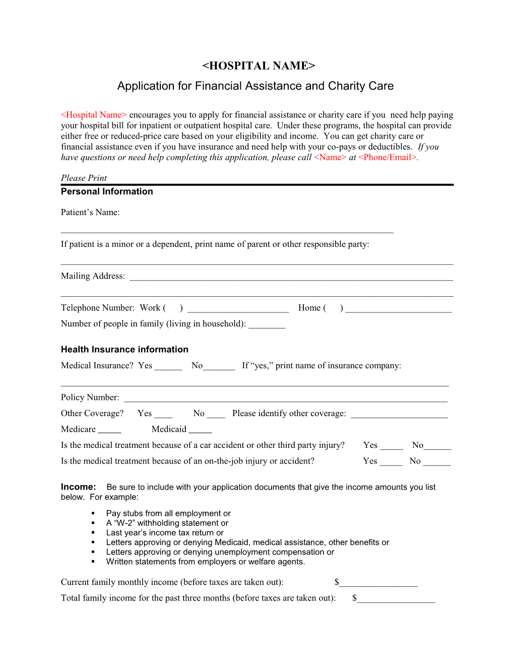 Application for Financial Assistance and Charity Care