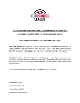 Atlanta Hawks to Return to Nba Summer League Play This July Record 24 Teams to Compete at Nba Summer League
