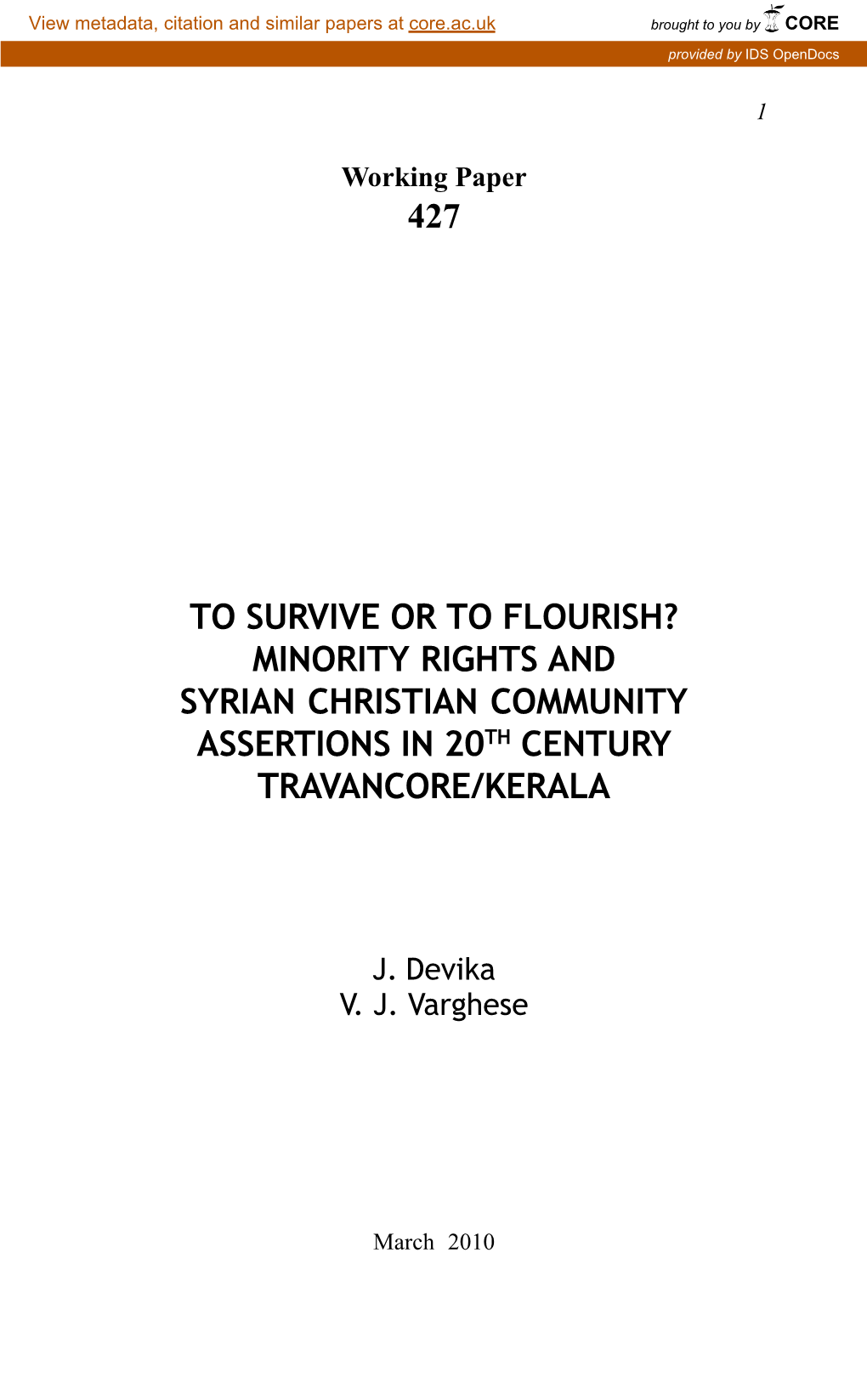 Minority Rights and Syrian Christian Community Assertions in 20Th Century Travancore/Kerala