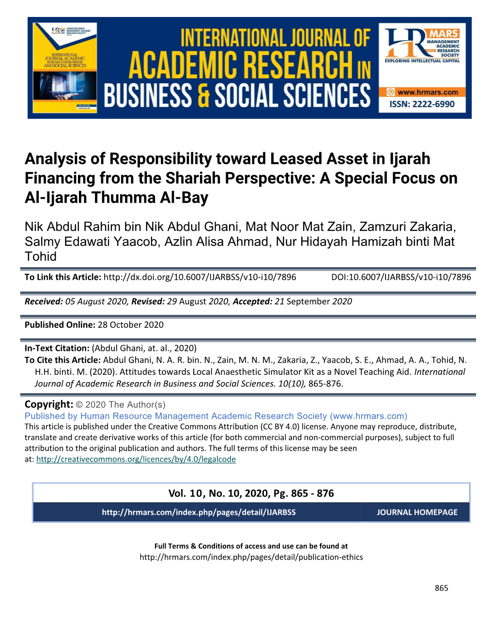 Analysis of Responsibility Toward Leased Asset in Ijarah Financing from the Shariah Perspective: a Special Focus on Al-Ijarah Thumma Al-Bay