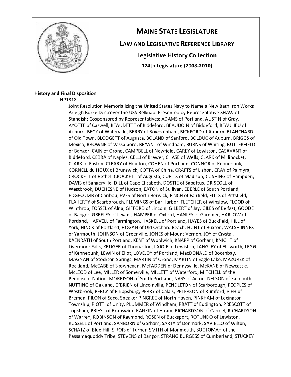 Legislative History: Joint Resolution Memorializing The