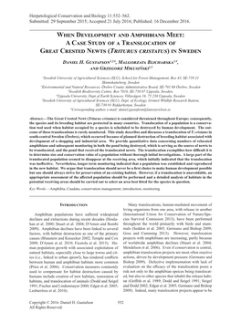 A Case Study of a Translocation of Great Crested Newts (Triturus Cristatus) in Sweden