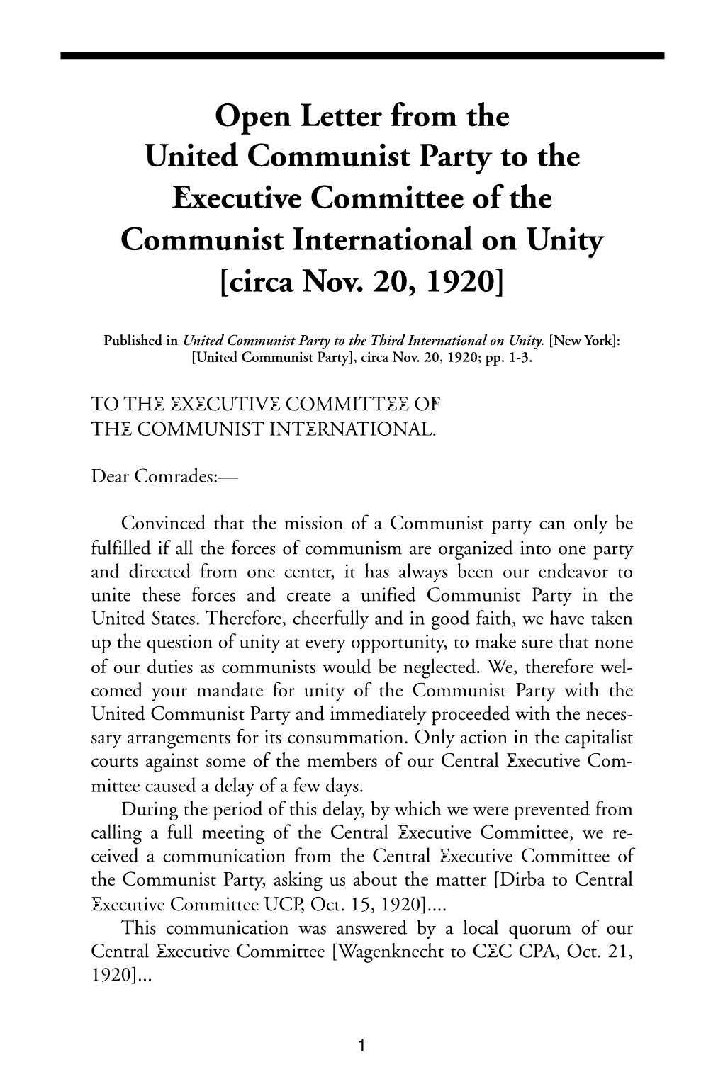Open Letter from the United Communist Party to the Executive Committee of the Communist International on Unity [Circa Nov