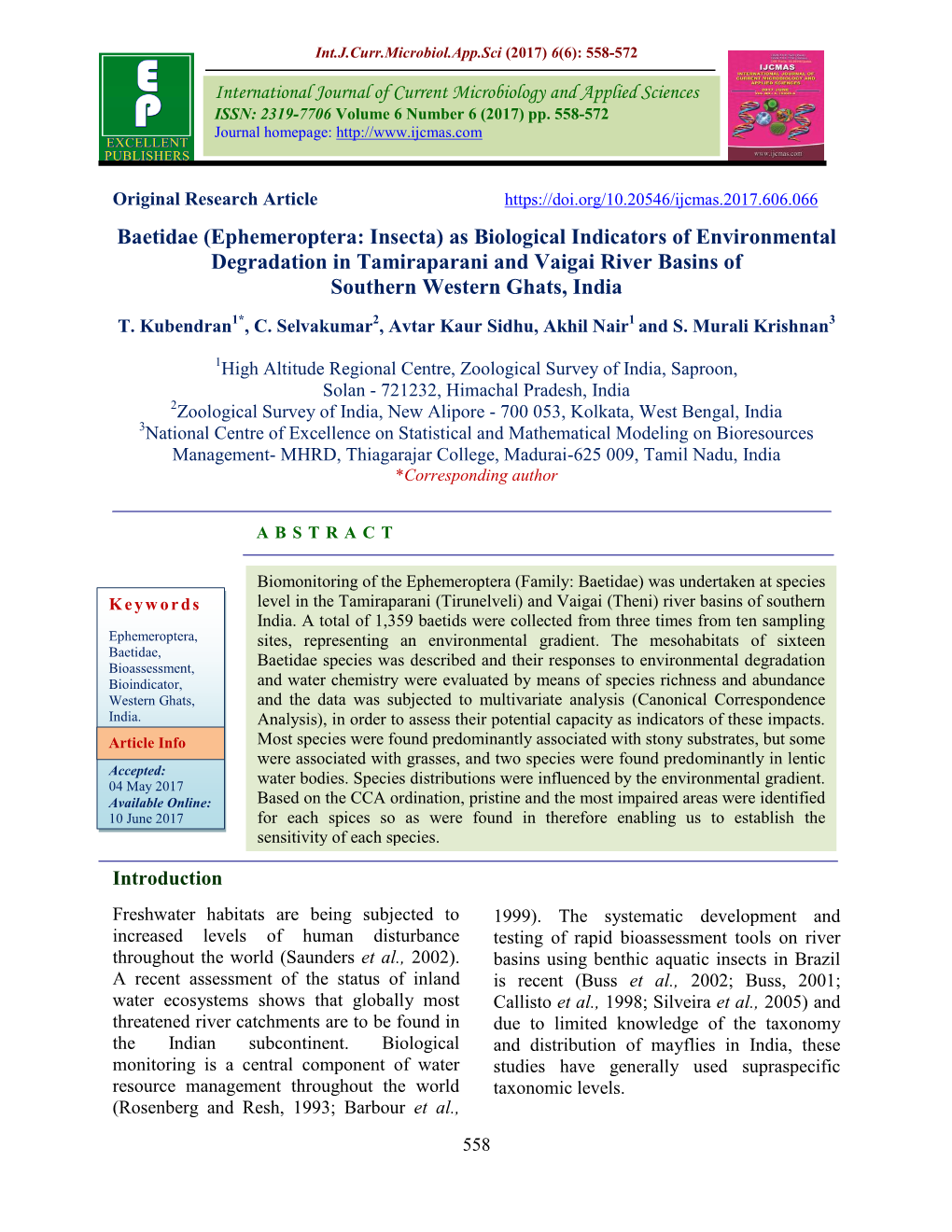 Baetidae (Ephemeroptera: Insecta) As Biological Indicators of Environmental Degradation in Tamiraparani and Vaigai River Basins of Southern Western Ghats, India