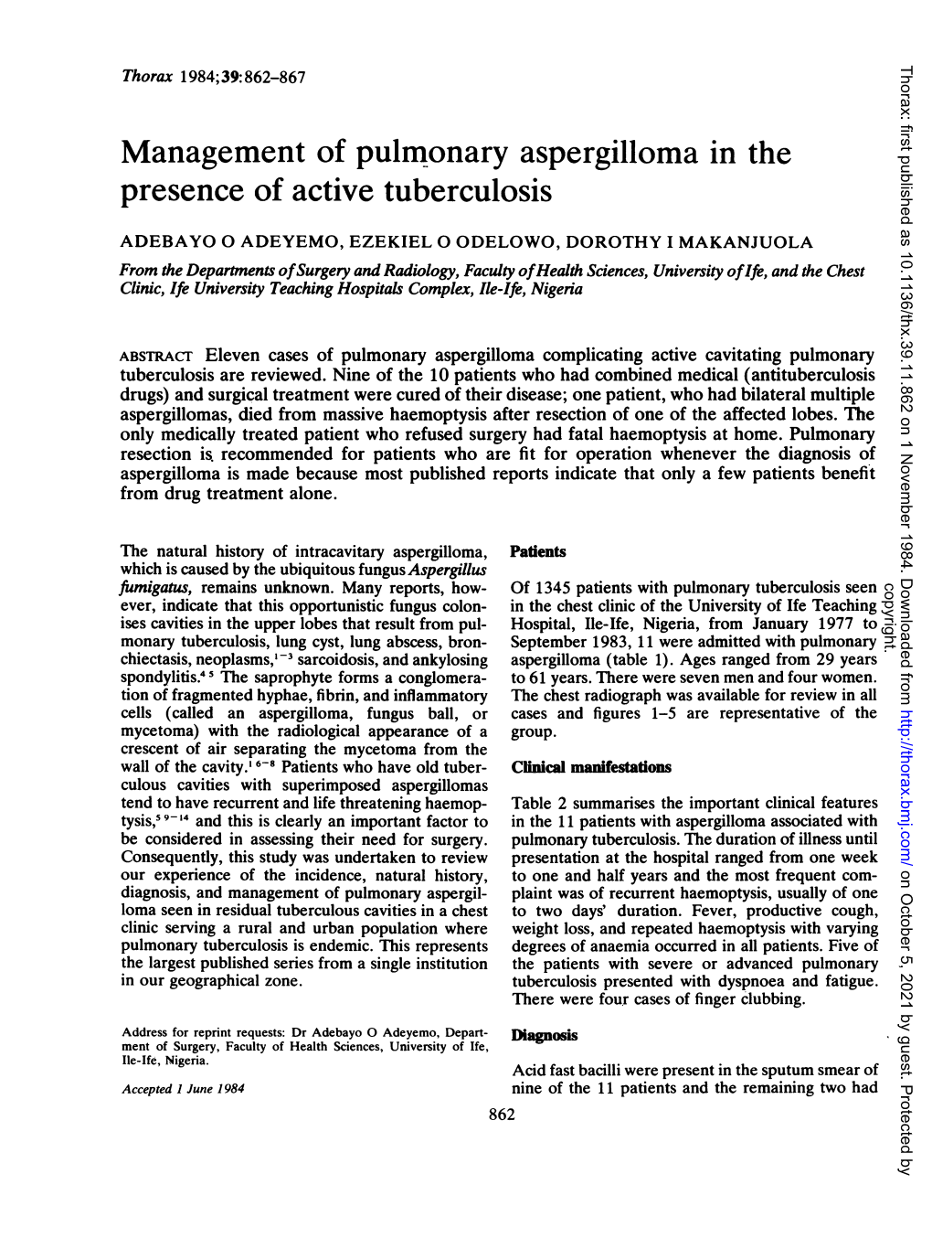 Management of Pulmonary Aspergilloma in the Presence of Active Tuberculosis