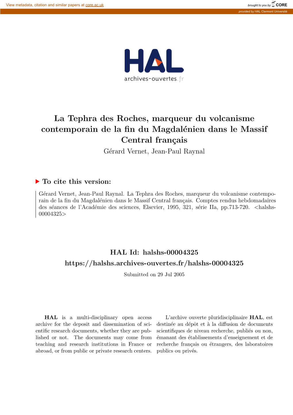 La Tephra Des Roches, Marqueur Du Volcanisme Contemporain De La Fin Du Magdalénien Dans Le Massif Central Français