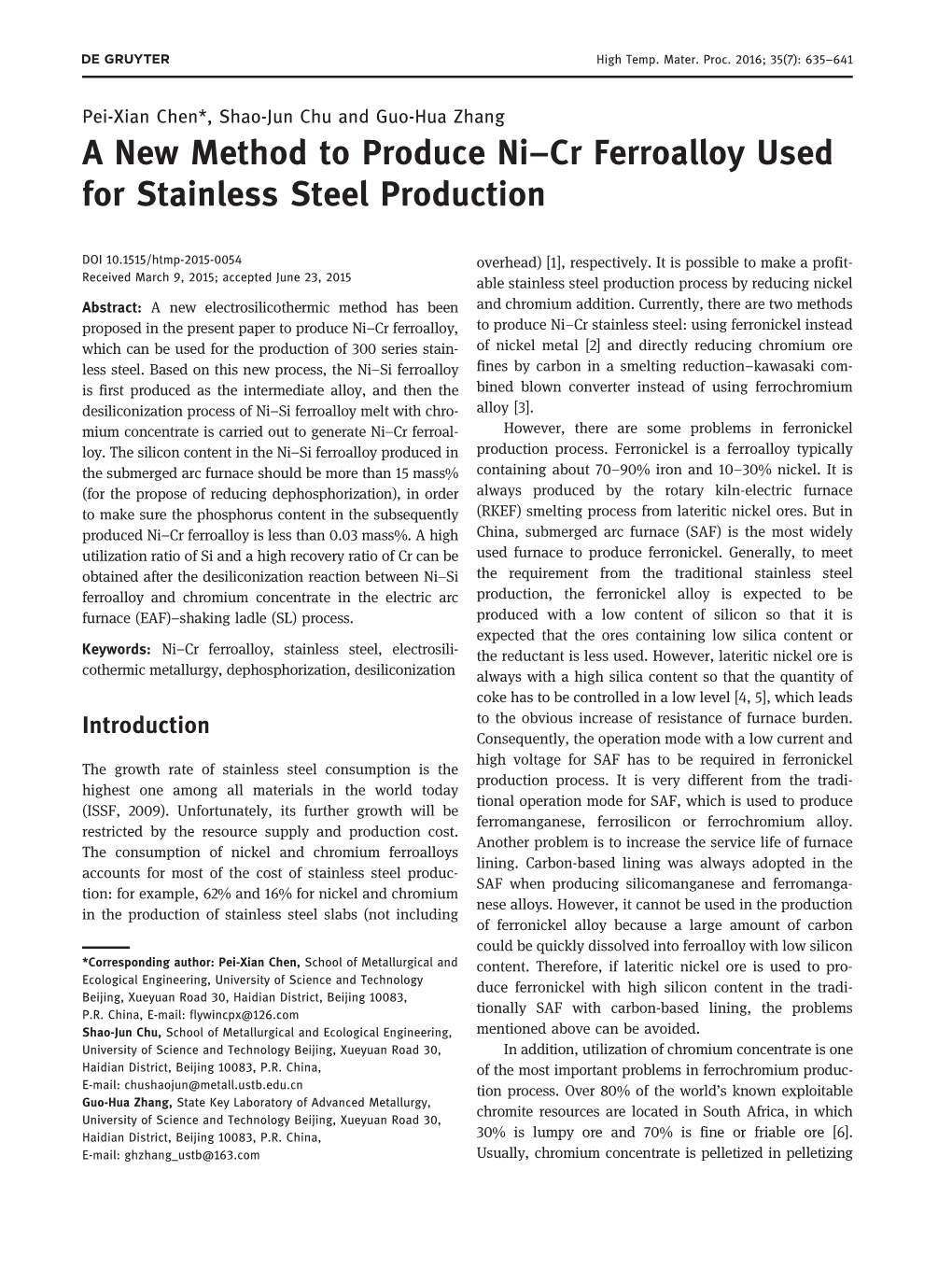 A New Method to Produce Ni–Cr Ferroalloy Used for Stainless Steel Production