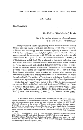ARTICLES DONNA ORWIN the Unity of Tolstoi's Early Works