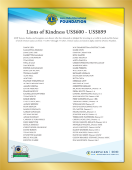 Lions of Kindness US$600 - US$899 LCIF Honors, Thanks, and Recognizes Our Donors Who Have Donated Or Pledged for Investing in a World in Need and the Future of LCIF